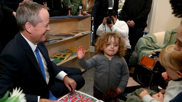 Opposition Leader Bill Shorten during a visit to the Ivanhoe Children's Community Cooperative to discuss Labor's childcare plan.