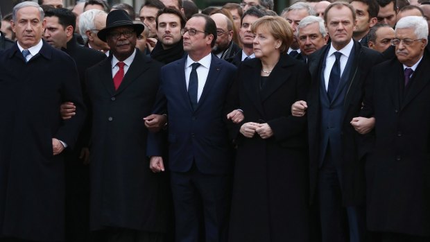 Israeli Prime Minister Benjamin Netanyahu (left) joined French President Francois Hollande and other world leaders for Sunday's unity march through Paris.