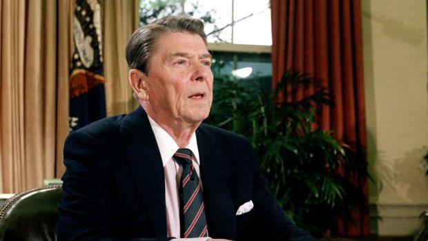 US President Ronald Reagan in the Oval Office of the White House after a televised address to the nation about the space shuttle Challenger explosion.