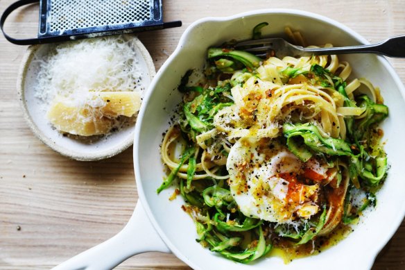 Put an egg on it: Adam Liaw's easy asparagus pasta.