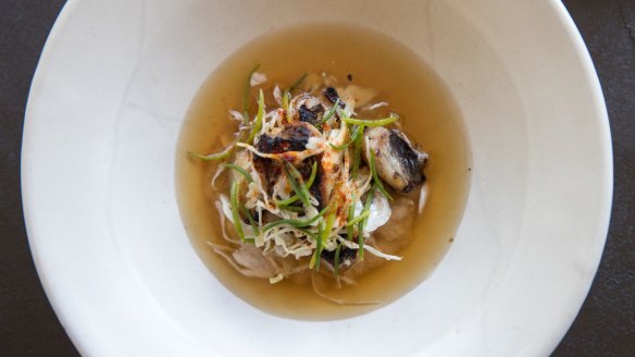 Grilled leatherjacket cheeks and shredded cabbage with a smoky dressing.