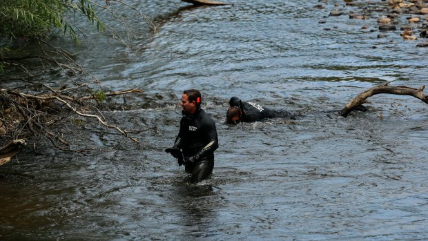 Victoria Police divers in the Ovens River as part of the search for Karen Chetcuti. 