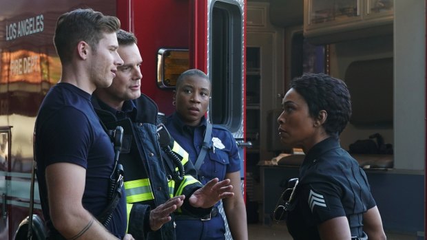 9-1-1: (left to right) Peter Krause, Oliver Stark, Aisha Hinds and Angela Bassett.