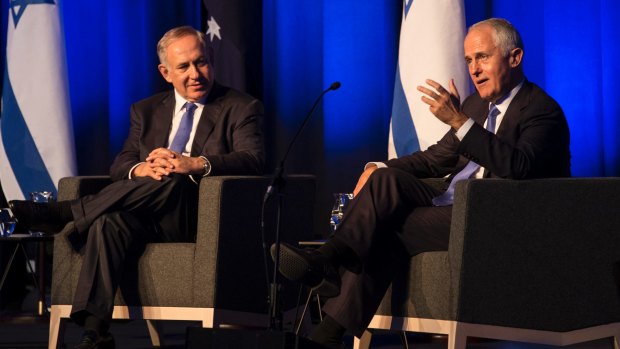 Benjamin Netanyahu and Malcolm Turnbull at the International Convention Centre in Sydney on Wednesday.