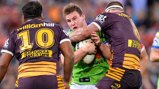 Canberra prop Luke Bateman takes a hit up against Brisbane in round 14, the Raiders' final game on free-to-air for the regular season.