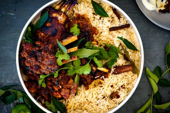 Lamb rib kasoundi with ginger, cardamom and coconut pilaf