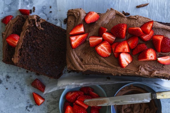 Beetroot chocolate cake with "the world's easiest icing" and fresh strawberries.