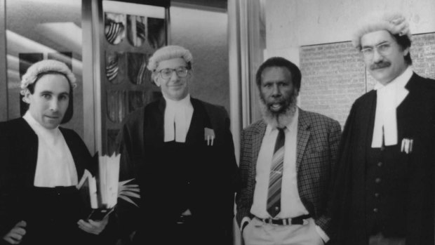 Solicitor Greg McIntyre, barrister Ron Castan, Eddie Mabo and barrister Bryan Keon-Cohen at the High Court of Australia 1991.