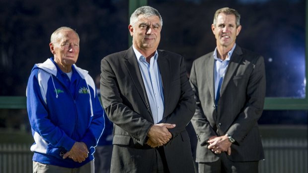 Chairman of Canberra Region Rugby League Noel Bissett, general  manager Canberra Region and Community Rugby League Mark Vergano and Raiders CEO Don Furner.