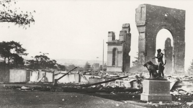 Ruins of the Garden Palace in the Royal Botanic Gardens in 1882.