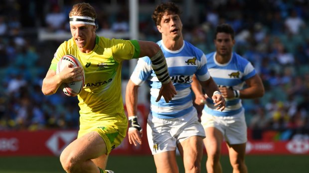 Free range: Ben O'Donnell races away to score against Argentina in the Sydney Sevens semi-final.