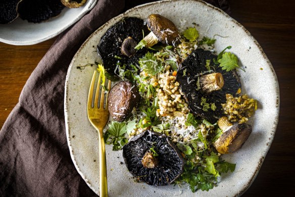 Roasted mushrooms with buckwheat pilaf and a shower of parmesan.