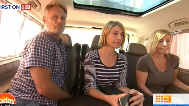 Reporter Tara Brown, centre, sound recordist David Ballment, left, and Sally Faulkner, right, after being released from a Beirut jail.