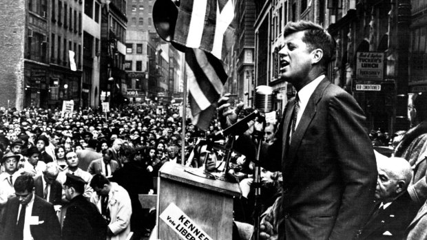 John F. Kennedy addresses a  large crowd in New York in 1960. The presidential candidate was "ruthlessly self-critical".
