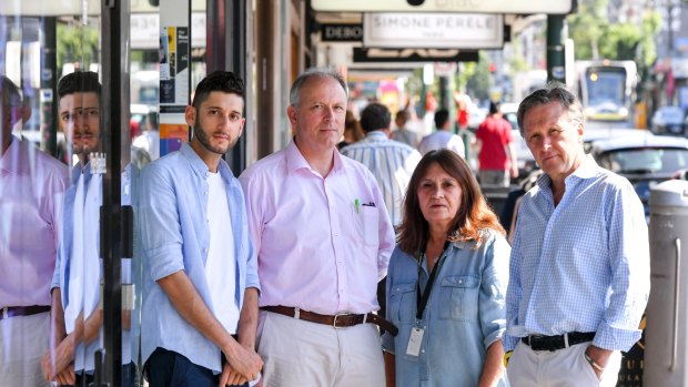 Owners and managers of Glenferrie Road businesses (left to right) Chanel Dubuisson, manager Laurent Patisserie Hawthorn, Taras Maciburko, owner Cafe Blac, Desiree Boardman, manager Readings Bookstore Hawthorn and Dave Desson, owner Debonaire Dry Cleaners.