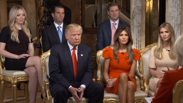 Donald Trump and his family in their first post-election television interview. (From left) Tiffany Trump, Donald Trump jnr, Donald Trump, Eric Trump, Melania Trump, Ivanka Trump.