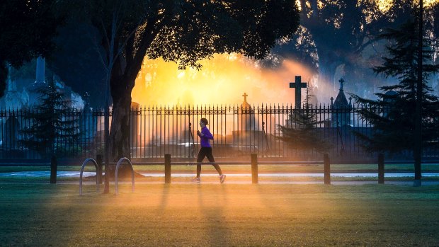 Early morning joggers at Princes Park in Carlton.