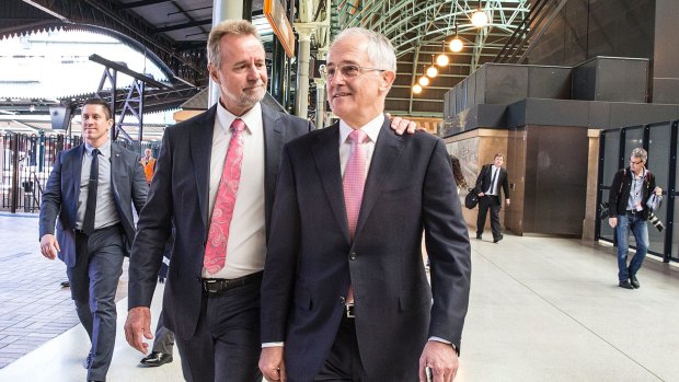 Senator Nigel Scullion and Prime Minister Malcolm Turnbull at Central Station on Wednesday.