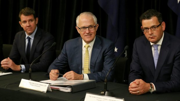 Prime Minister Malcolm Turnbull with NSW Premier Mike Baird and Victoria Premier Daniel Andrews at COAG in December 2015. 