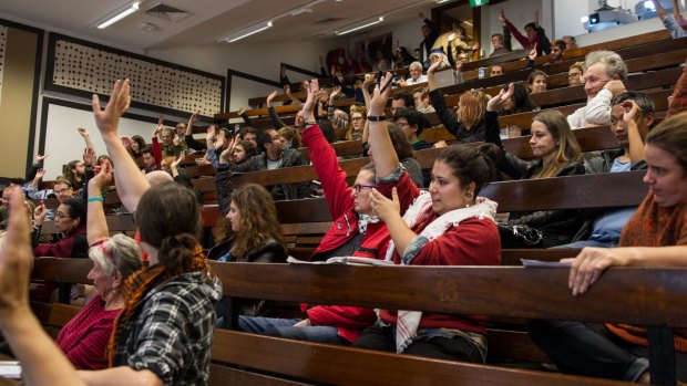 Students and Academics at a "Defend Civil Liberties at University" at the University of Sydney pass a motion demanding all charges be dropped against the protesters. 