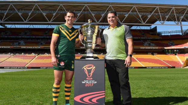 Cameron Smith and Mal Meninga at the launch in Brisbane on Tuesday.