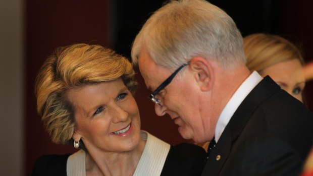 "Why would I be angry at being accompanied by a minister?": Foreign Affairs Minister Julie Bishop with Trade Minister Andrew Robb. 