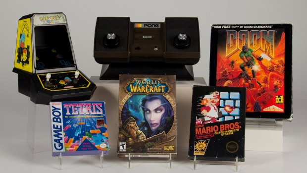 Class of 2015: Home versions of arcade hits <i>Pong</i> and <i>Pac-Man</i> on display, alongside US retail packages of <i>Tetris</i>, <i>Super Mario Bros</i>, <i>Doom</i> and <i>World of Warcraft</i>.