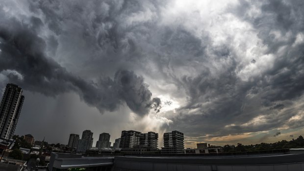 Storm clouds mass over Burwood on Monday.