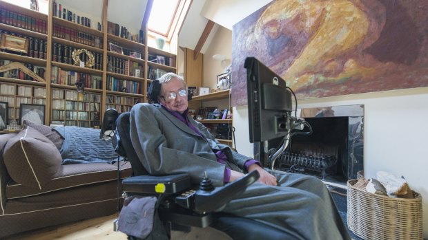 Professor Stephen Hawking at home in his library.
