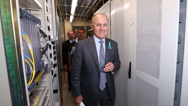 Malcolm Turnbull tours the NBN racks in the Queanbeyan Telstra exchange.