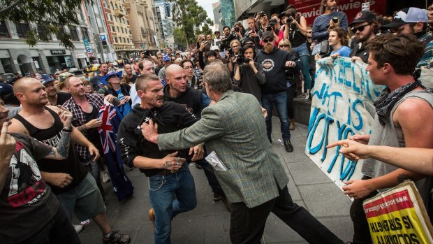 Reclaim Australia protesters clash with left-wing activists in Melbourne on April 4.