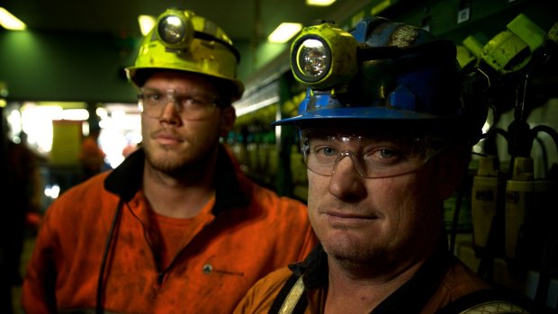 Springvale mine workers, Adam Powell  (left) and Darrin Francis, in a photo taken in June 2015 when the mine's future  hung in the balance.
