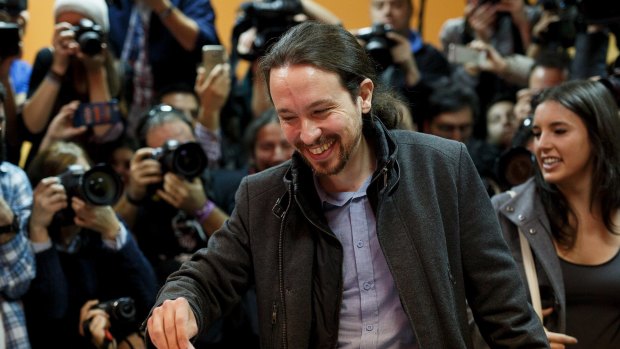 Podemos (We Can) leader Pablo Iglesias casts his vote at a polling station in Madrid on Sunday. 