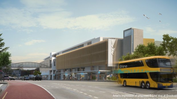 An artist's impression shows a new B-Line style bus driving past a new stop at Brookvale. 