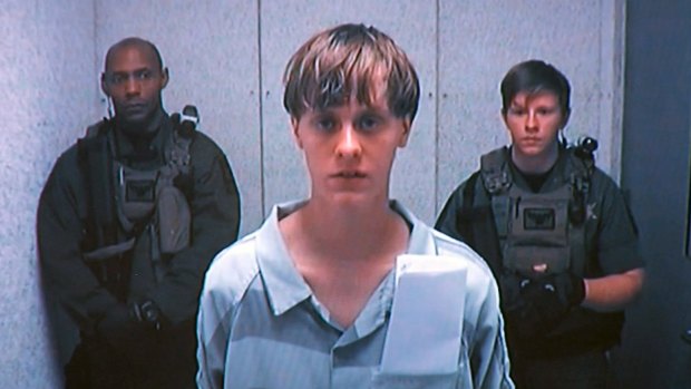 Dylann Roof appears by closed-circuit television at his bond hearing in Charleston, South Carolina.