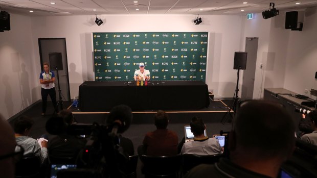HOBART, AUSTRALIA - NOVEMBER 15: Steve Smith of Australia speaks to the media after day four of the Second Test match between Australia and South Africa at Blundstone Arena on November 15, 2016 in Hobart, Australia. (Photo by Robert Cianflone/Getty Images)