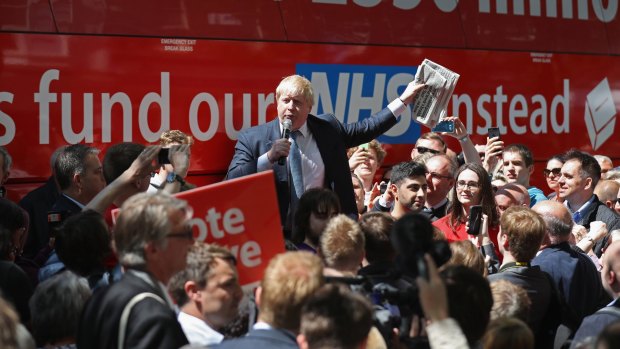 Boris Johnson MP  addresses members of the public in Parliament St, York during the Brexit Battle Bus tour of the UK.