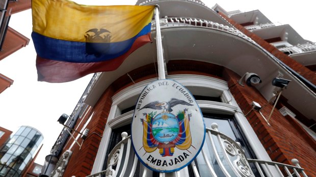 The Ecuadorian flag flies outside the Ecuadorian embassy in London, where Julian Assange has lived since 2012.