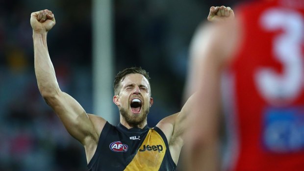 That winning feeling: Brett Deledio after Richmond's famous win over the Swans.