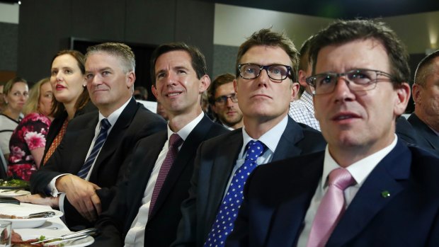 Government ministers Kelly O'Dwyer, Mathias Cormann, Simon Birmingham, Christian Porter and Alan Tudge listen to Mr Turnbull on Wednesday.