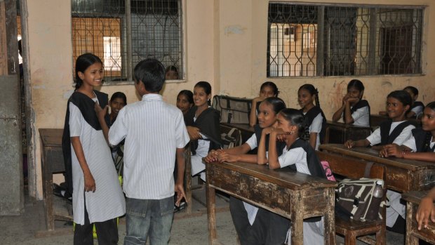 Children role-play during a gender equality class in a government school in Mumbai.