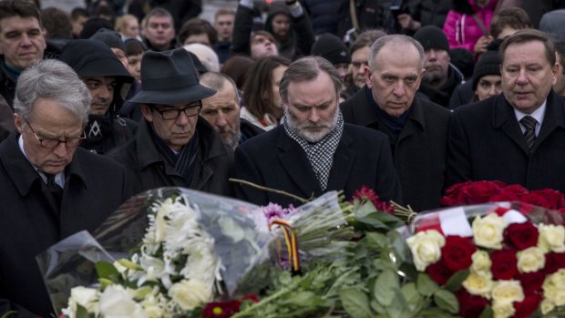 A group of European Union ambassadors to Russia lay flowers where Boris Nemtsov, a Russian opposition leader and critic of President Vladimir Putin, was shot.