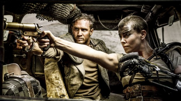 Tom Hardy and Charlize Theron in Mad Max: Fury Road, which garnered worldwide acclaim. 