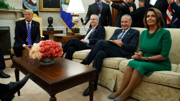 US President Trump meets, from left, Senate Majority Leader Mitch McConnell, Senate Minority Leader Chuck Schumer and House Minority Leader Nancy Pelosi in the Oval Office.