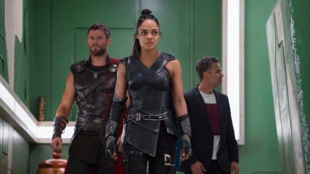 Thor (Chris Hemsworth), Valkyrie (Tessa Thompson) and Bruce Banner/Hulk (Mark Ruffalo) in 'Thor: Ragnarok'.