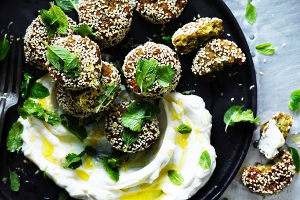 Neil Perry's broad bean falafels with mint labna.