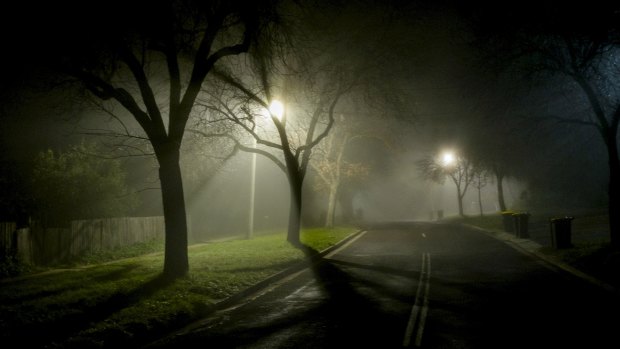 Bins and fog on an eerie Canberra street at 9pm on a winter's evening.