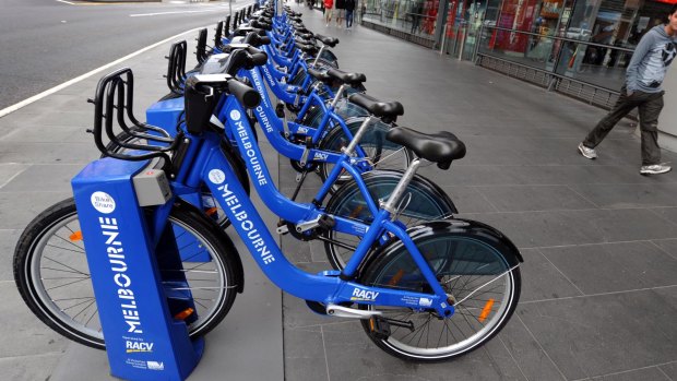 Melbourne Bike Share bikes sitting outside Southern Cross station.