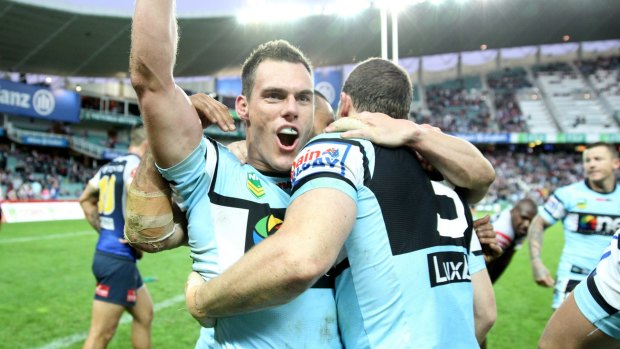 Double trouble: Cronulla's John Morris celebrates victory in a controversial finals clash in 2013, the last time there was a double-header in Sydney.