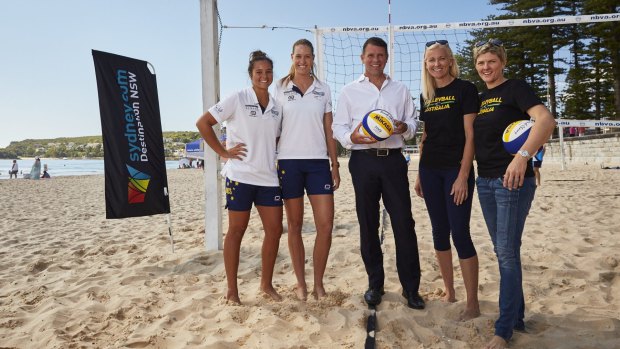 Bright future: Rio hopefuls Mariafe Artacho del Solar and Nicole Laird with NSW Premier Mike Baird and Sydney 2000 goal medallists Kerri Pottharst and Natalie Cook.
